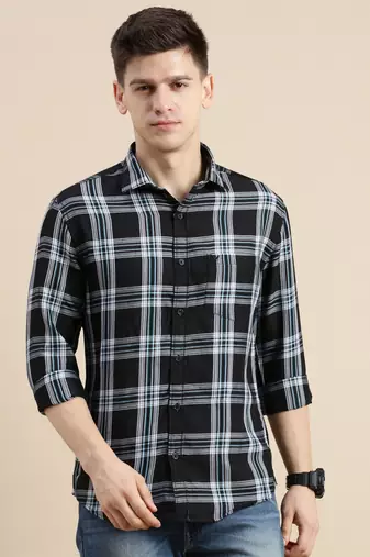 men's long sleeves gingham checks black shirt