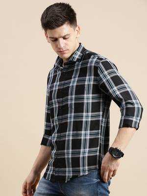 men's long sleeves gingham checks black shirt 3