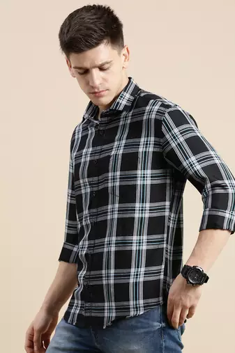 men's long sleeves gingham checks black shirt