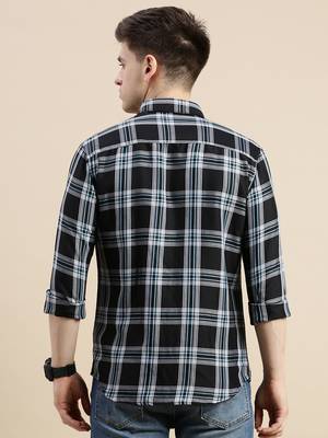 men's long sleeves gingham checks black shirt 4