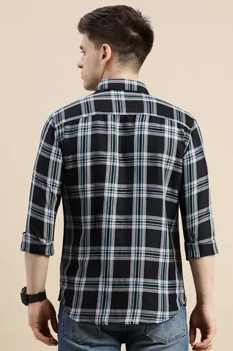 men's long sleeves gingham checks black shirt
