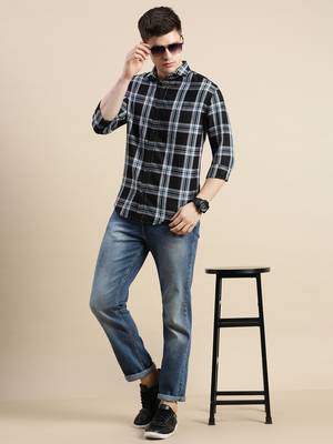 men's long sleeves gingham checks black shirt 5