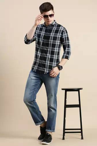 men's long sleeves gingham checks black shirt