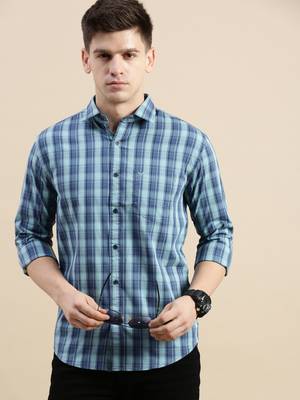 men's long sleeves windowpane checks blue shirt 1