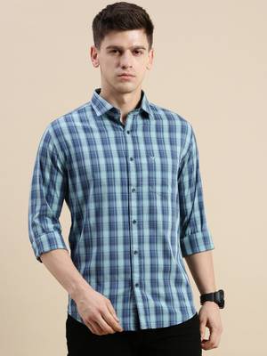 men's long sleeves windowpane checks blue shirt 2
