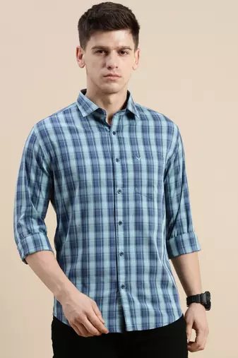 men's long sleeves windowpane checks blue shirt
