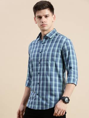 men's long sleeves windowpane checks blue shirt 3