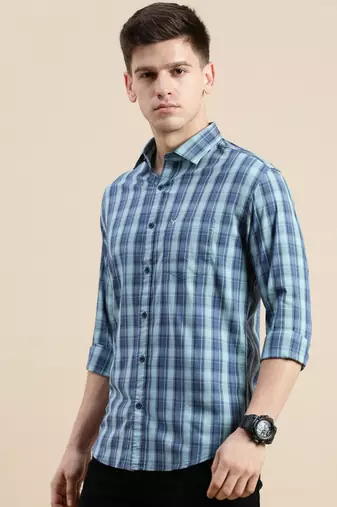 men's long sleeves windowpane checks blue shirt