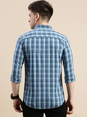 men's long sleeves windowpane checks blue shirt 4