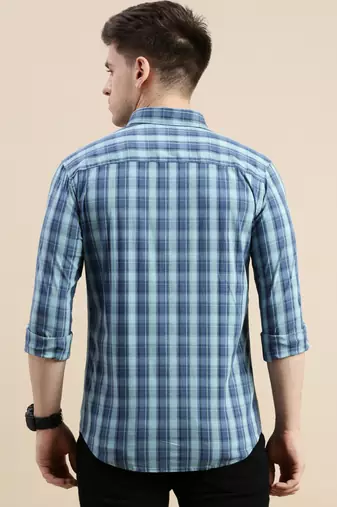 men's long sleeves windowpane checks blue shirt
