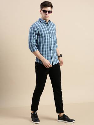 men's long sleeves windowpane checks blue shirt 5