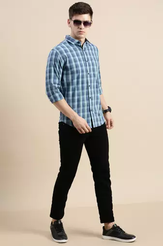 men's long sleeves windowpane checks blue shirt