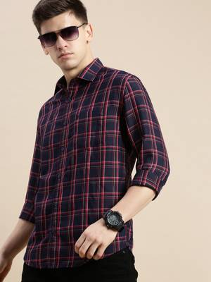 men's long sleeves tartan checks navy blue shirt 1
