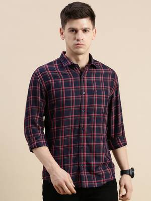 men's long sleeves tartan checks navy blue shirt 2