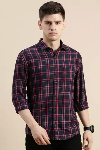 men's long sleeves tartan checks navy blue shirt