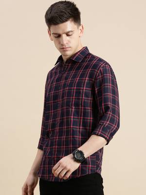 men's long sleeves tartan checks navy blue shirt 3