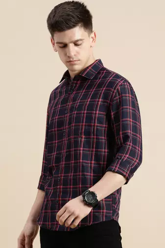 men's long sleeves tartan checks navy blue shirt