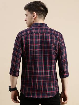 men's long sleeves tartan checks navy blue shirt 4