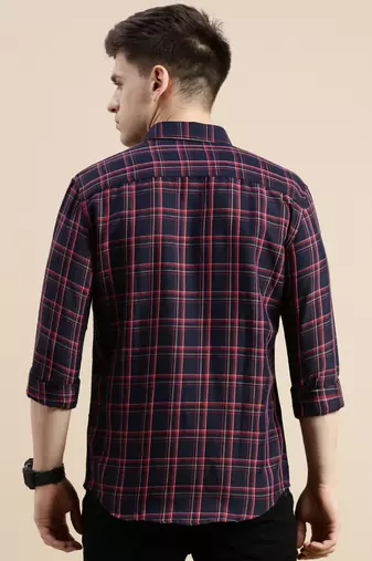 men's long sleeves tartan checks navy blue shirt