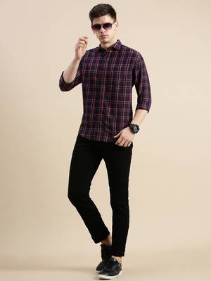 men's long sleeves tartan checks navy blue shirt 5