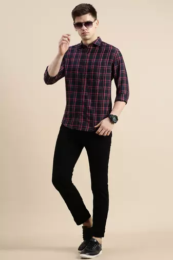 men's long sleeves tartan checks navy blue shirt