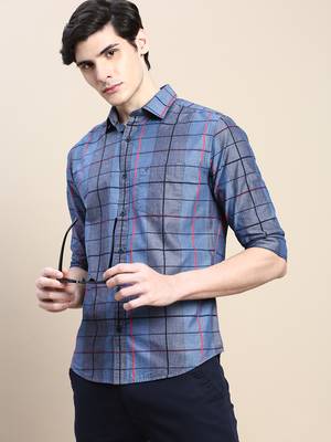 men's long sleeves windowpane checks grey shirt 1