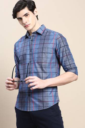 men's long sleeves windowpane checks grey shirt