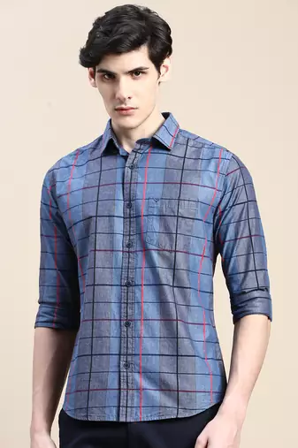 men's long sleeves windowpane checks grey shirt