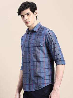 men's long sleeves windowpane checks grey shirt 3