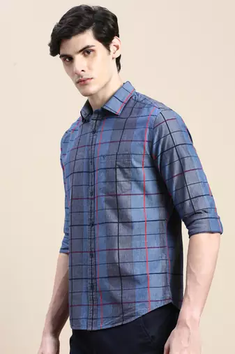 men's long sleeves windowpane checks grey shirt