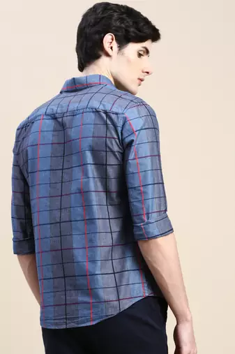 men's long sleeves windowpane checks grey shirt