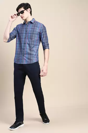 men's long sleeves windowpane checks grey shirt