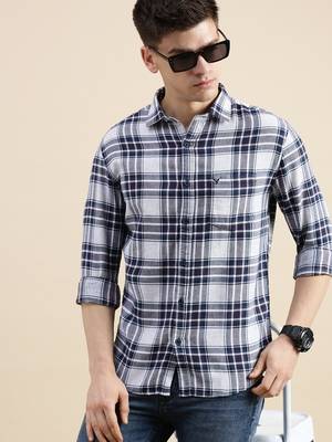 men's long sleeves tartan checks off white shirt 1