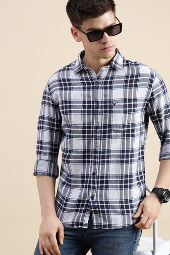 men's long sleeves tartan checks off white shirt
