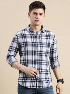 men's long sleeves tartan checks off white shirt 2