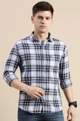 men's long sleeves tartan checks off white shirt