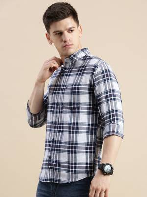 men's long sleeves tartan checks off white shirt 3