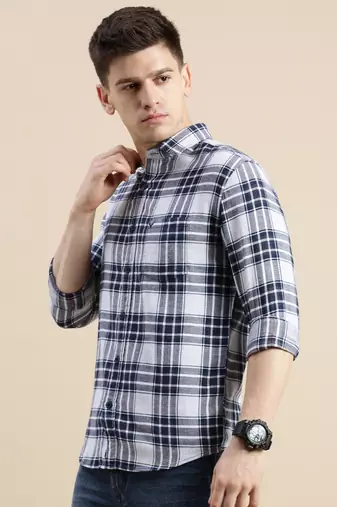 men's long sleeves tartan checks off white shirt