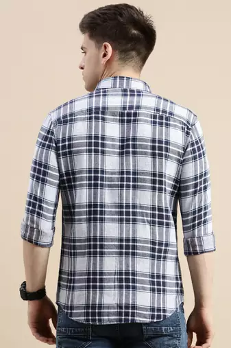 men's long sleeves tartan checks off white shirt