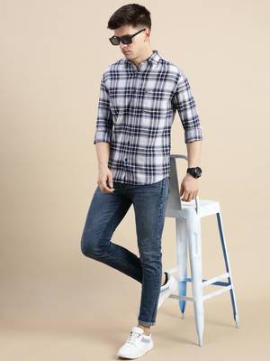 men's long sleeves tartan checks off white shirt 5