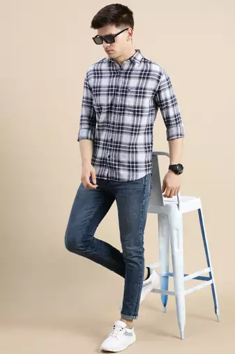 men's long sleeves tartan checks off white shirt