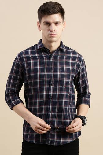 men's long sleeves tartan checks navy blue shirt