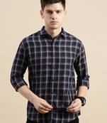 men's long sleeves tartan checks navy blue shirt