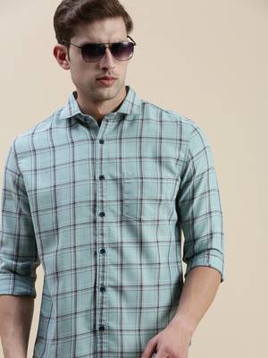 men's long sleeves tartan checks sea green shirt 1