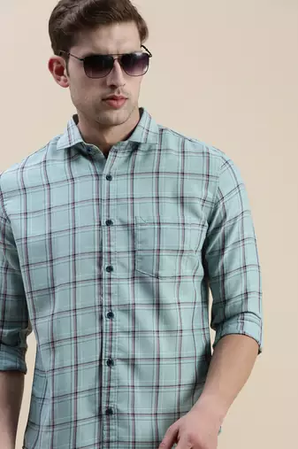 men's long sleeves tartan checks sea green shirt
