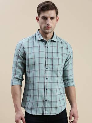men's long sleeves tartan checks sea green shirt 2