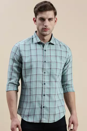 men's long sleeves tartan checks sea green shirt