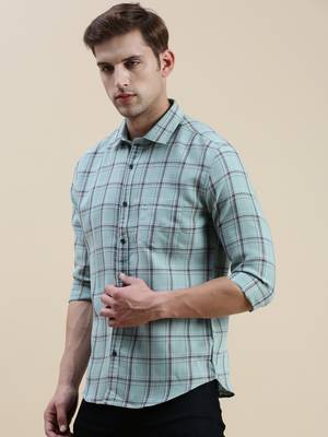 men's long sleeves tartan checks sea green shirt 3