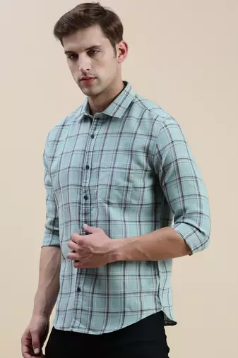 men's long sleeves tartan checks sea green shirt