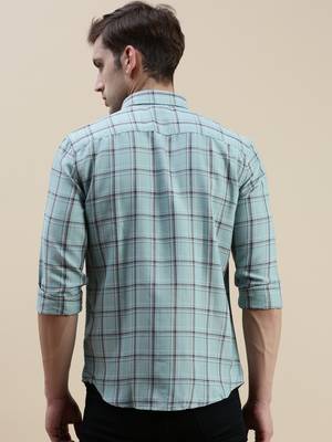 men's long sleeves tartan checks sea green shirt 4